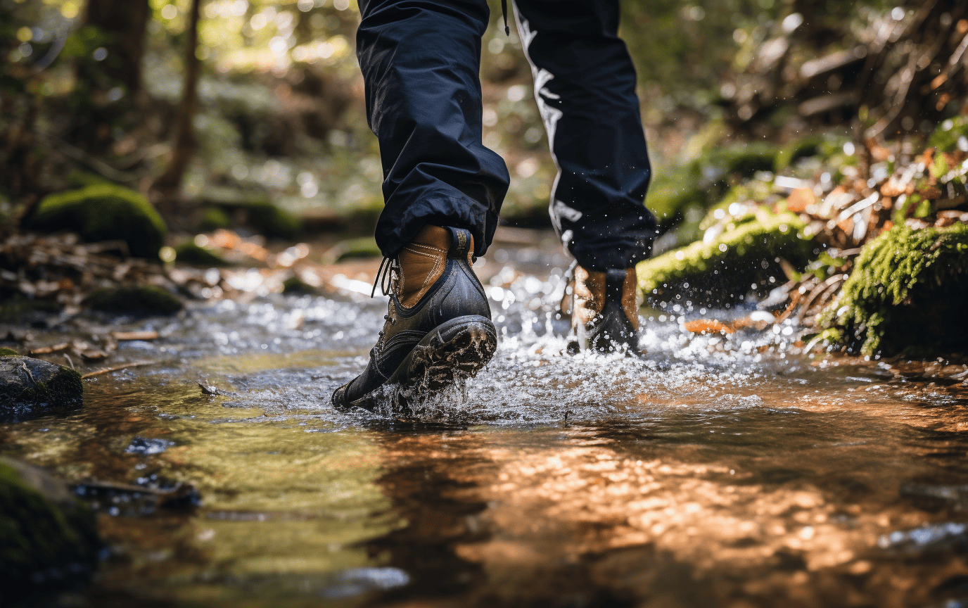 walking though a small stream with hiking boots